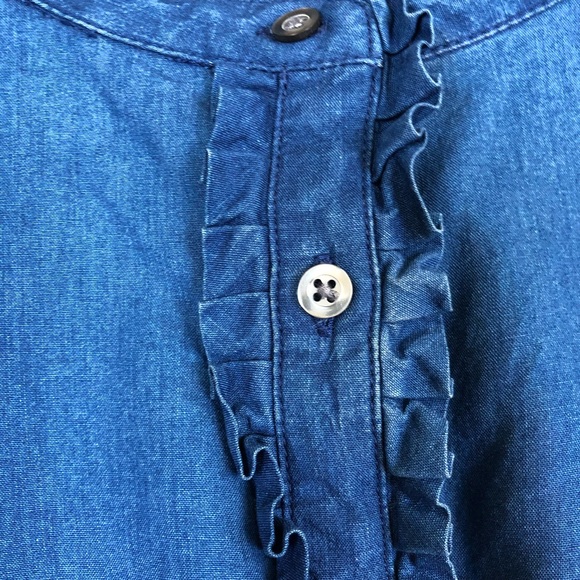 Talbots Denim Colored Button Down Top with Ruffle Neck and Front - Picture 2 of 16